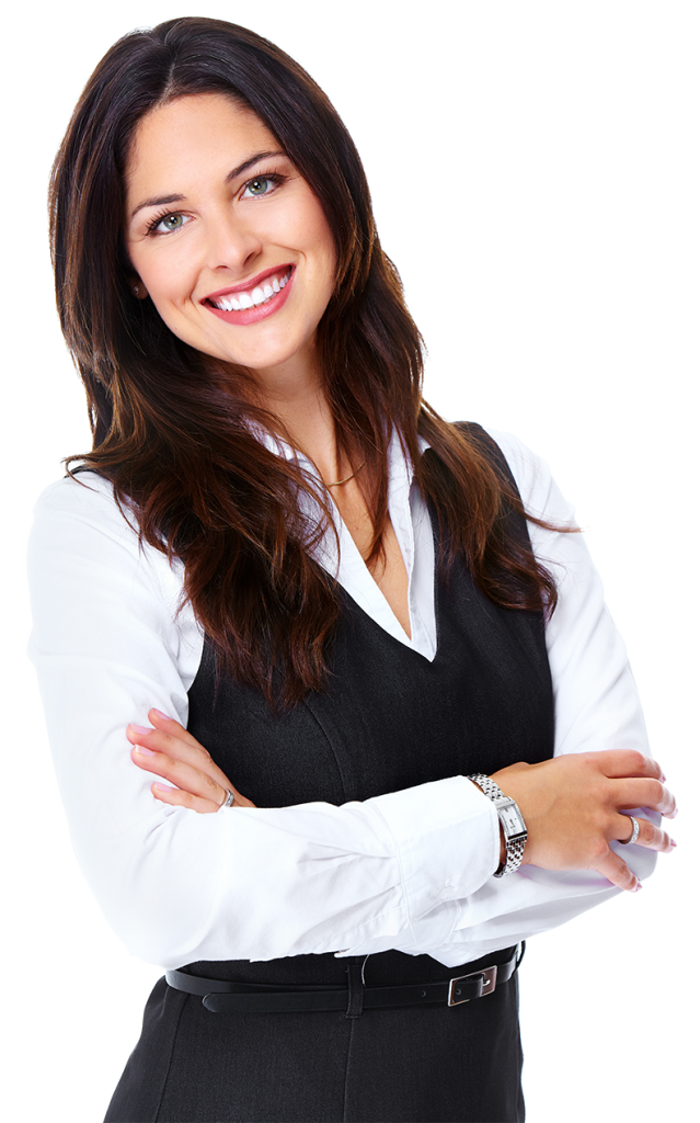 Woman in business attire with arms crossed, smiling.