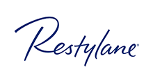 Restylane logo in blue script on a white background.