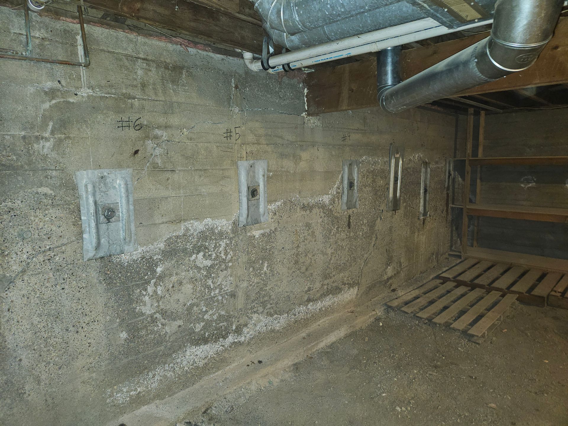 Basement wall with concrete patches and mold, exposed pipes, and wooden pallets.