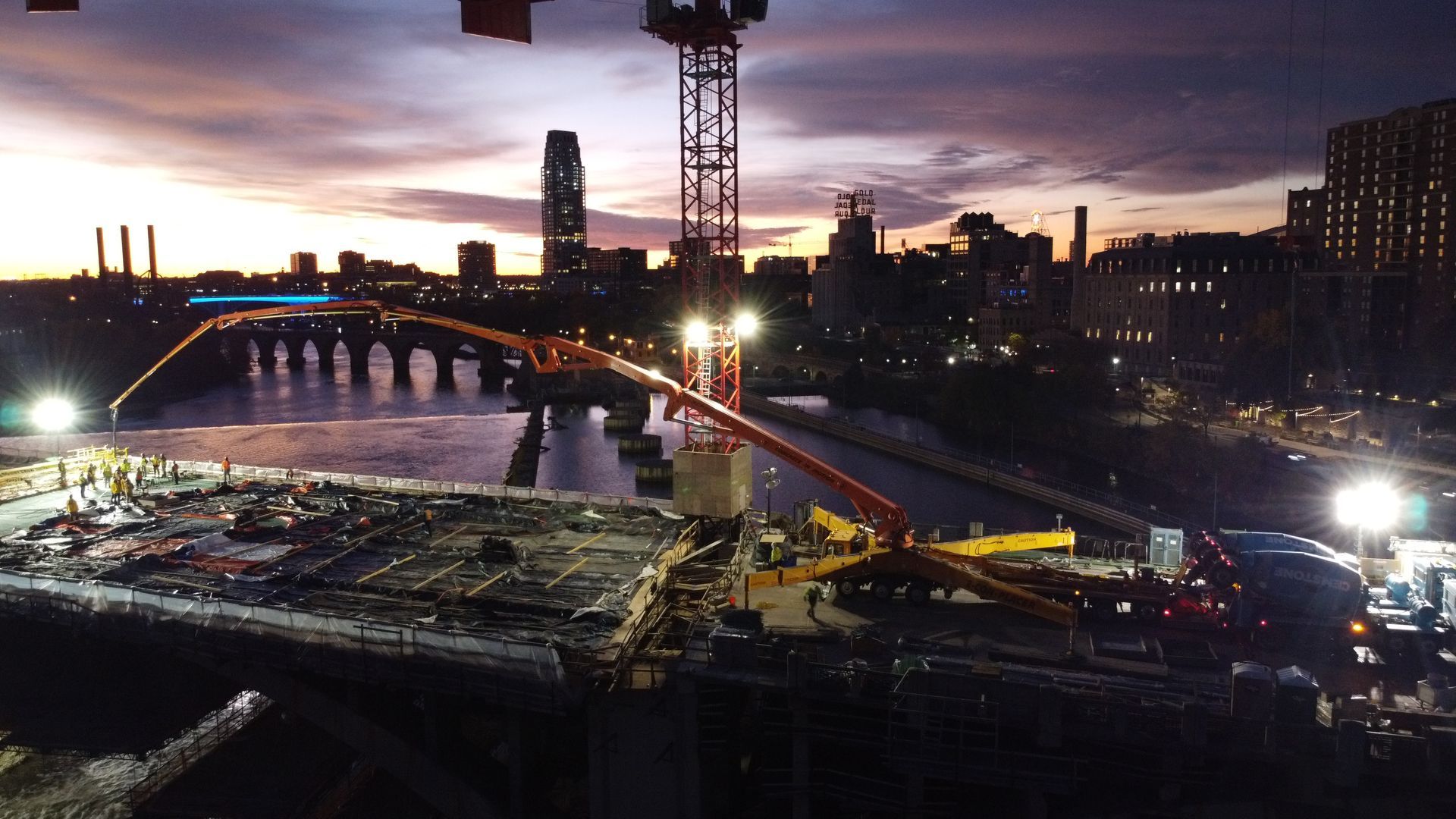 An aerial view of a construction site at night