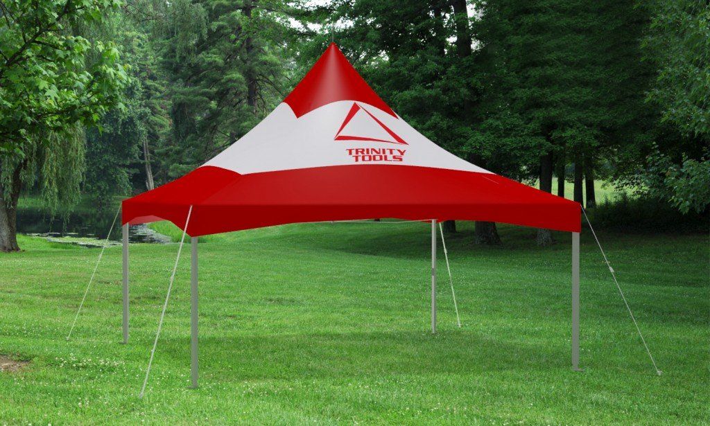 Small red tent with logo