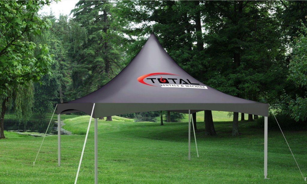 Small gray tent with logo