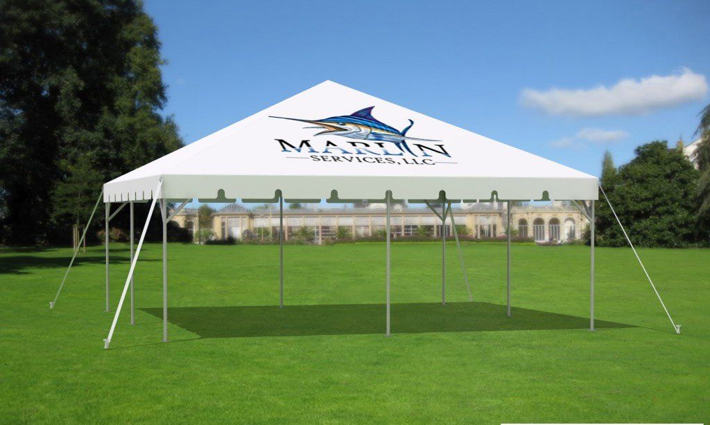 Small white tent with logo