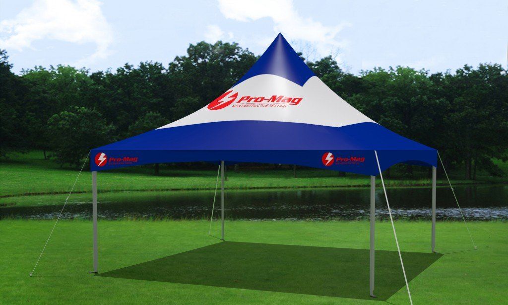 Small blue tent with logo