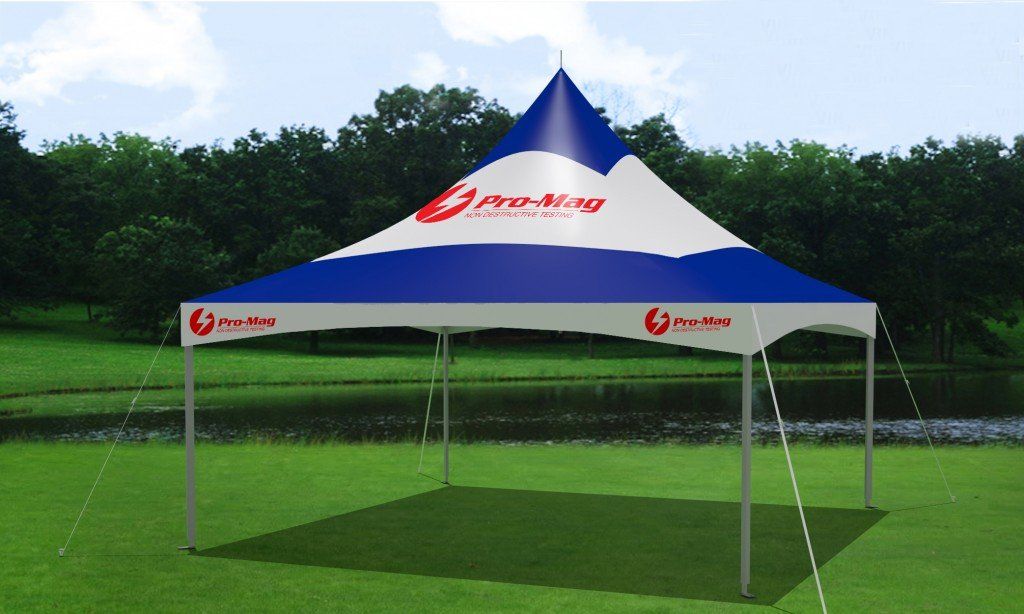 Small blue tent with logo