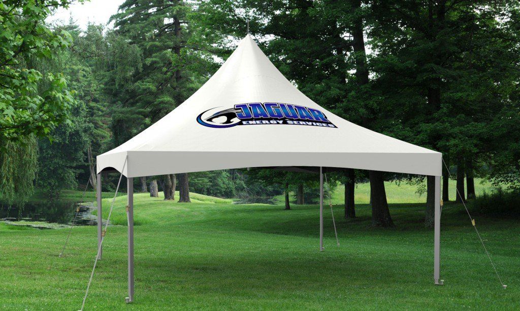 Small white tent with logo