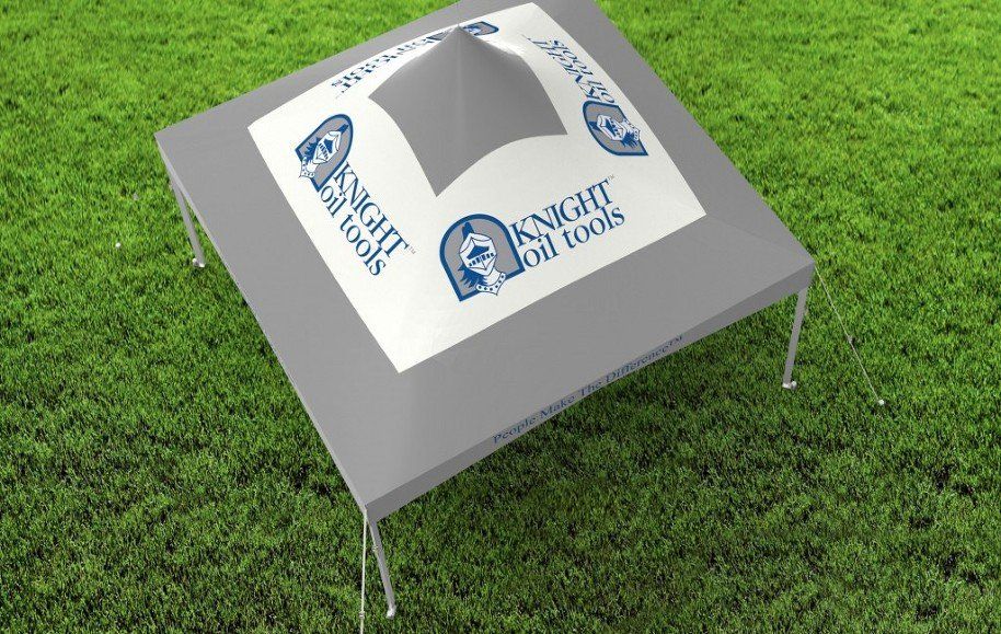 Small gray tent with logo