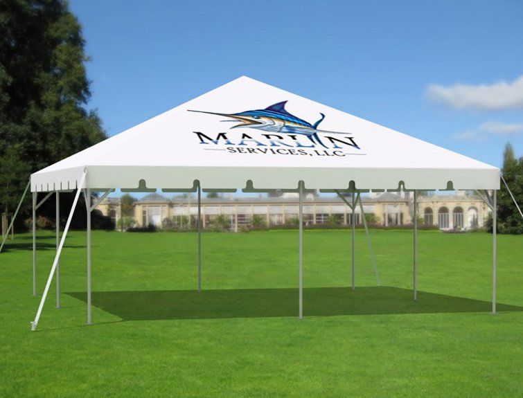 White tent with company logo
