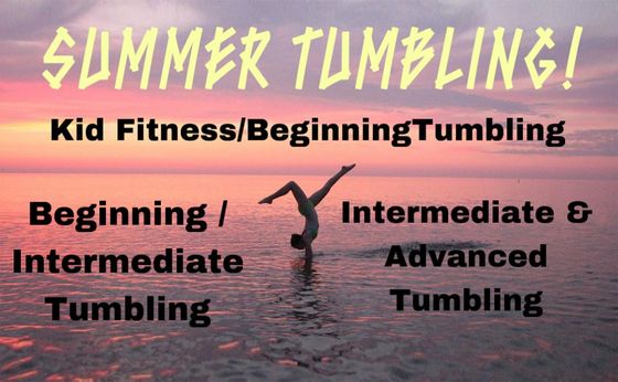 A poster for summer tumbling shows a person doing a handstand in the water