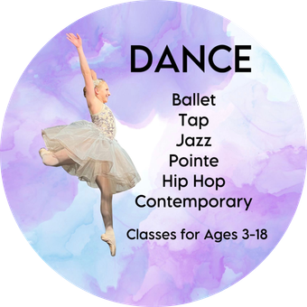 A ballerina leaps against a purple and blue watercolor background. Text lists dance classes for ages 3-18.