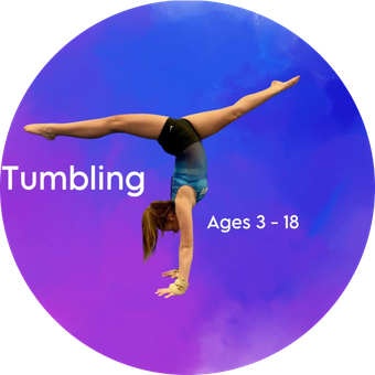 A gymnast in a blue leotard performing a handstand split against a purple watercolor background. Text reads: Tumbling 3-18.