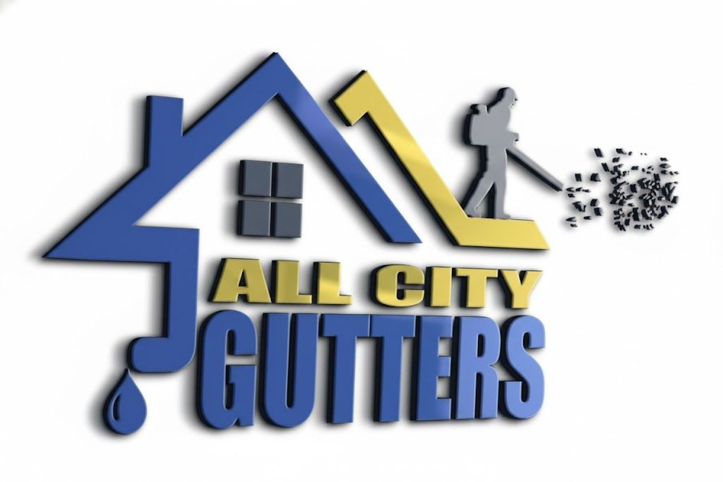 Logo for All City Gutters: blue house outline with yellow gutter and worker spraying debris; dark background.