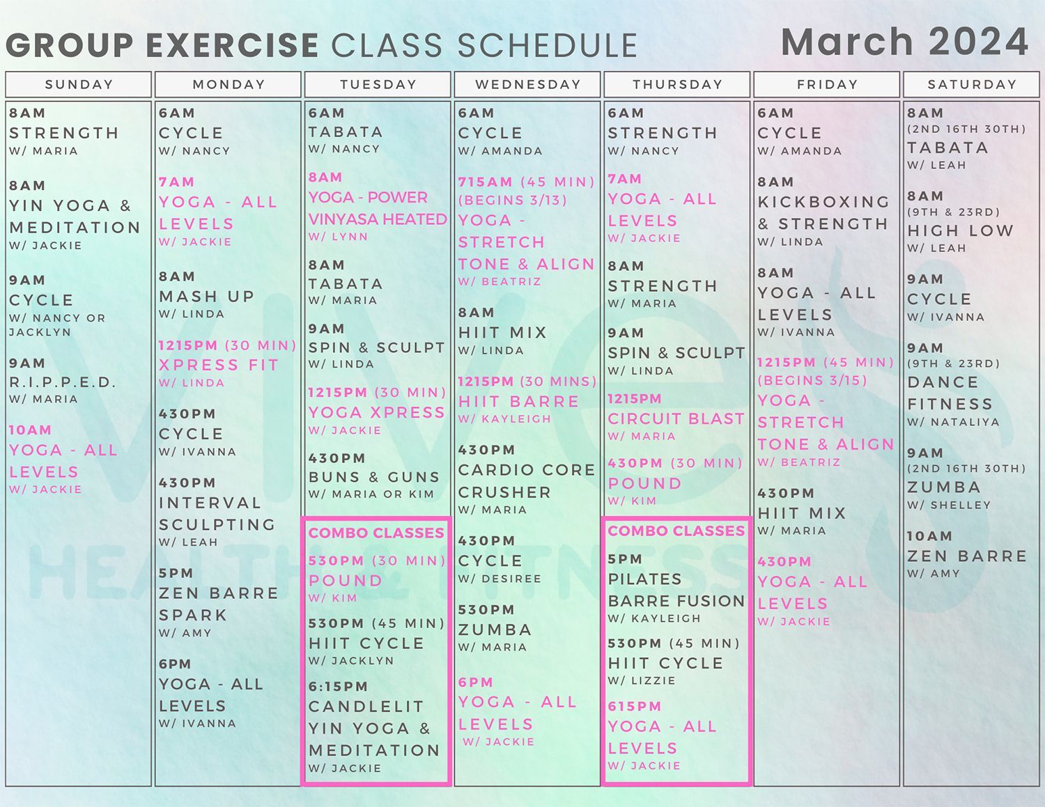 A group exercise class schedule for march 2024