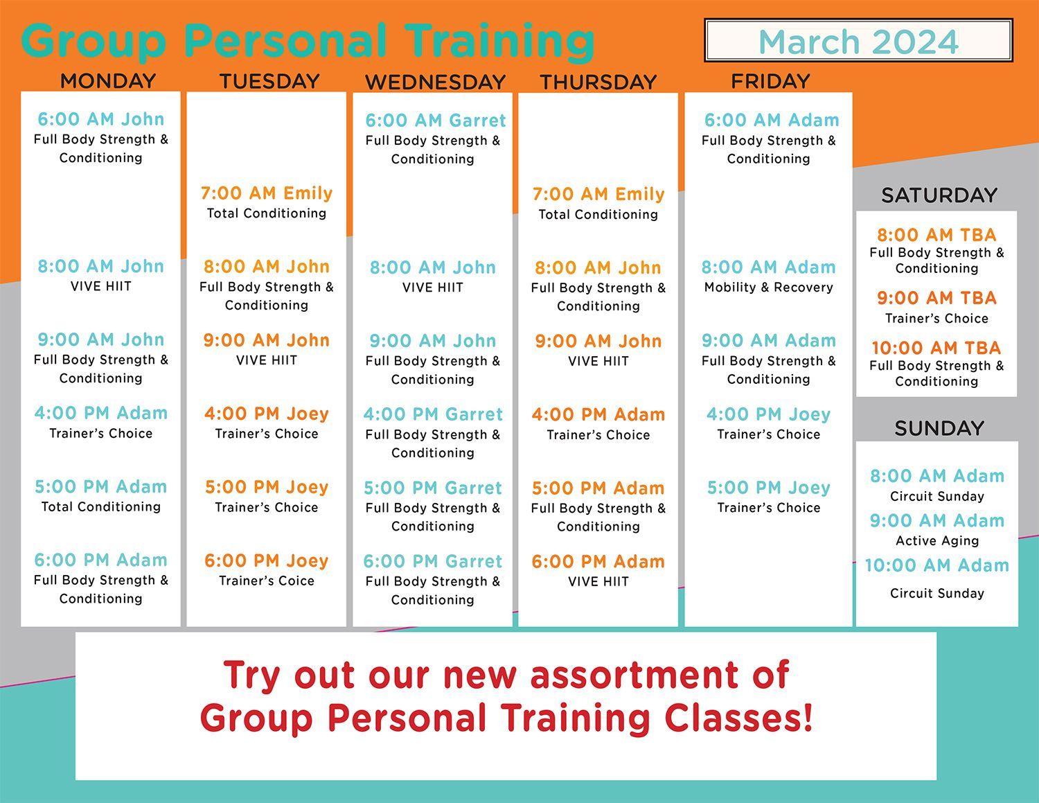 A group personal training schedule for march 2024