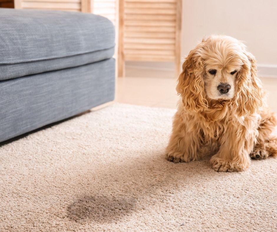 Golden Cocker Spaniel sits on carpet near a wet stain, appearing guilty next to a blue ottoman.