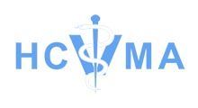HCVM logo: Blue letters with a white caduceus in the center.