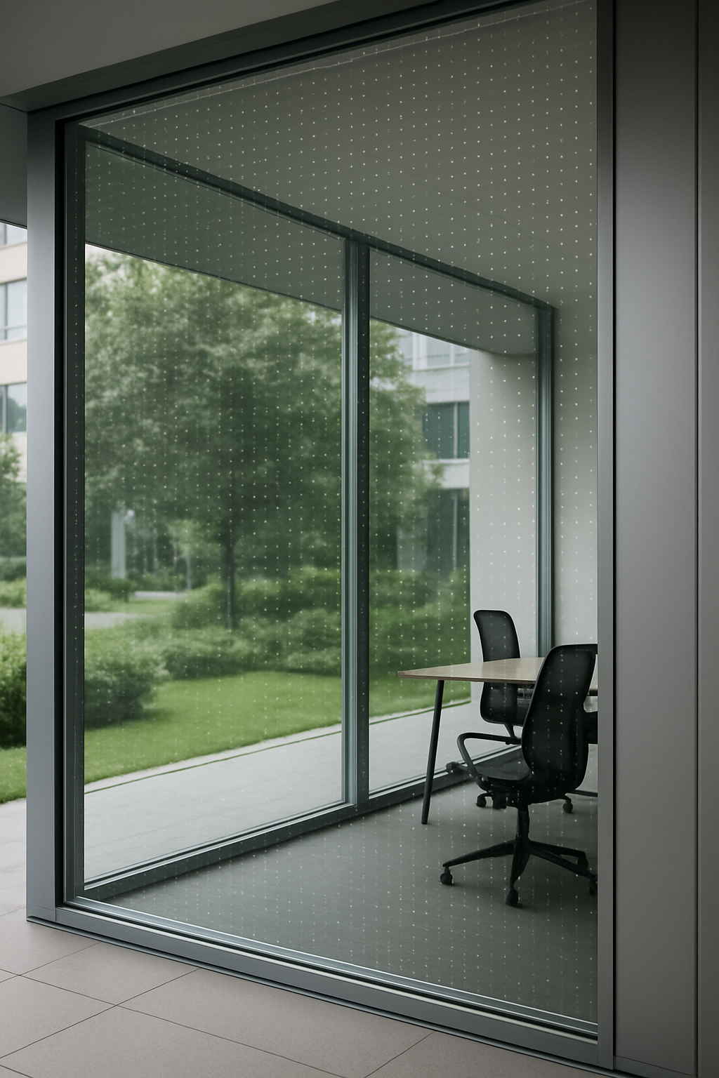 Large glass window of an office space, overlooking a green outdoor area. Inside, there's a table and chairs.