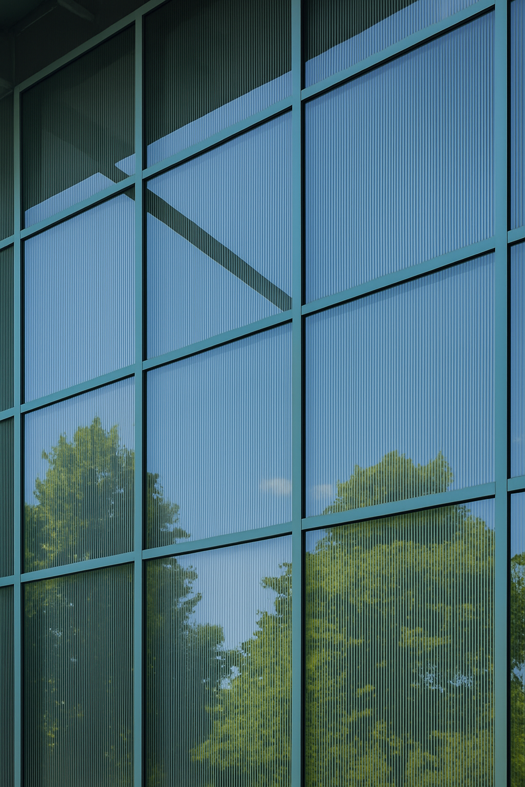 Green-framed windows reflect trees and sky. Curtains are visible behind the glass.
