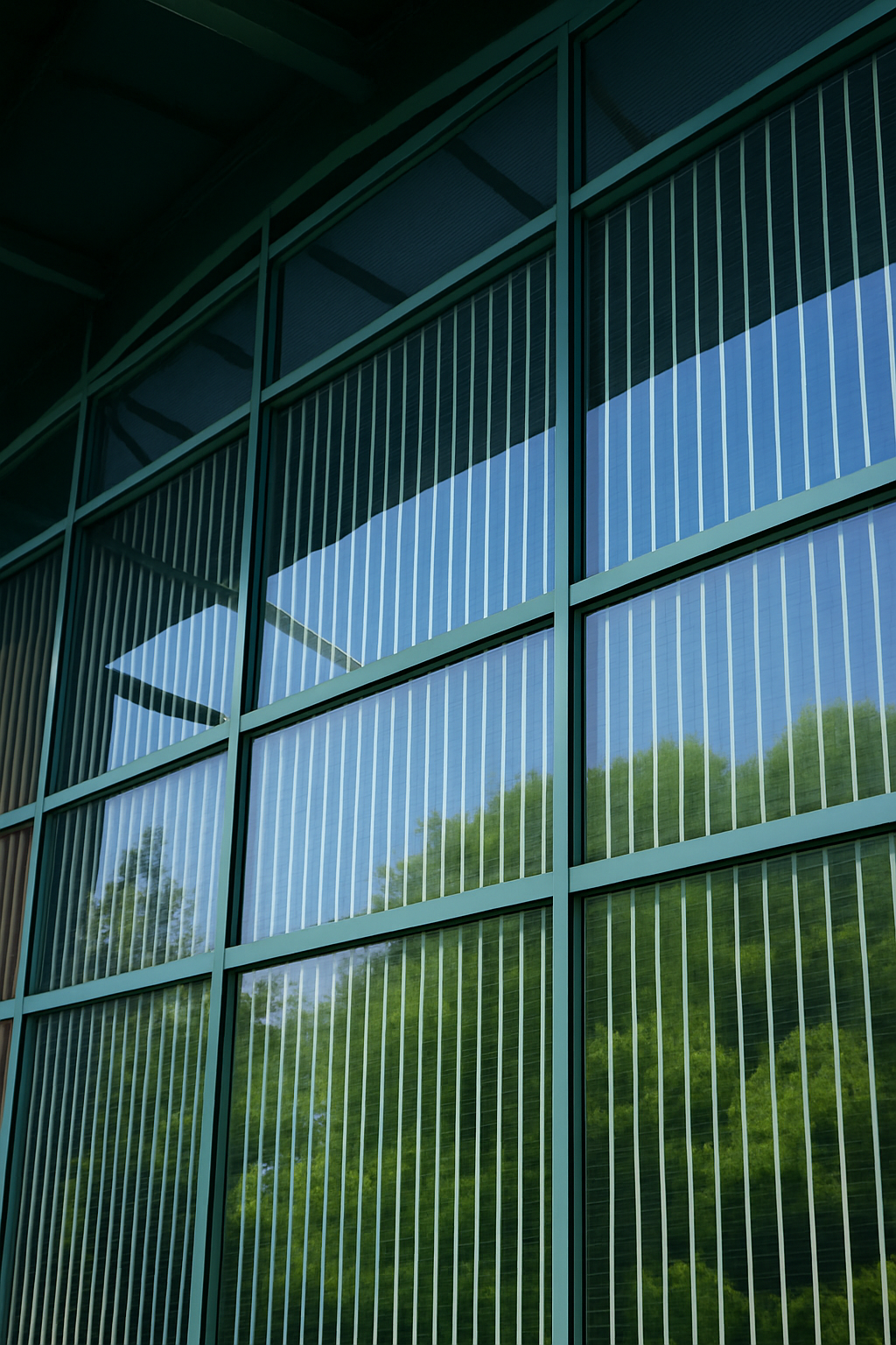 Green-framed windows with vertical lines, reflecting trees and blue sky.