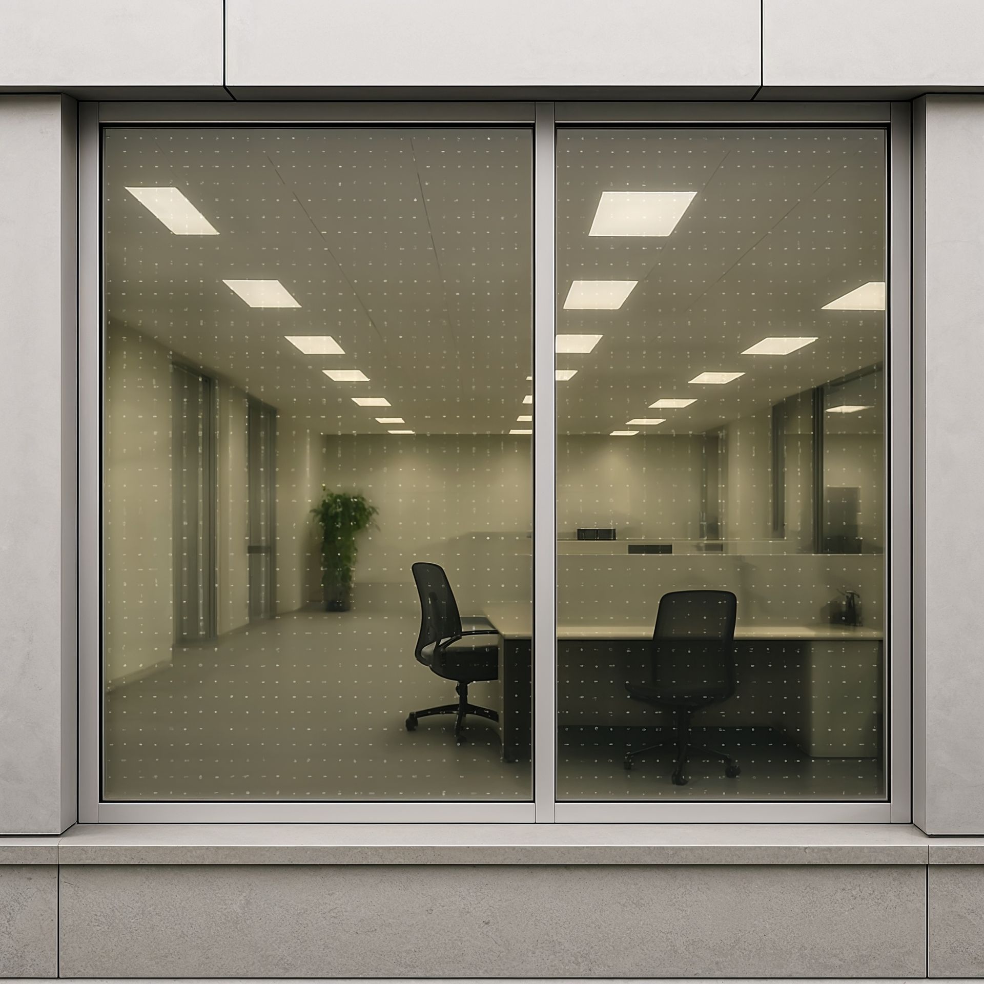 Office interior seen through a window: desks, chairs, and overhead lights. Neutral colors.