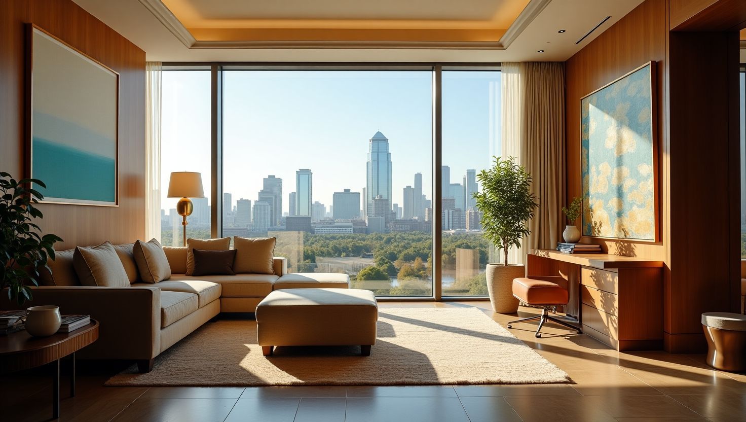 Luxury living room with city view: beige sofa, rug, large windows, desk, and art.