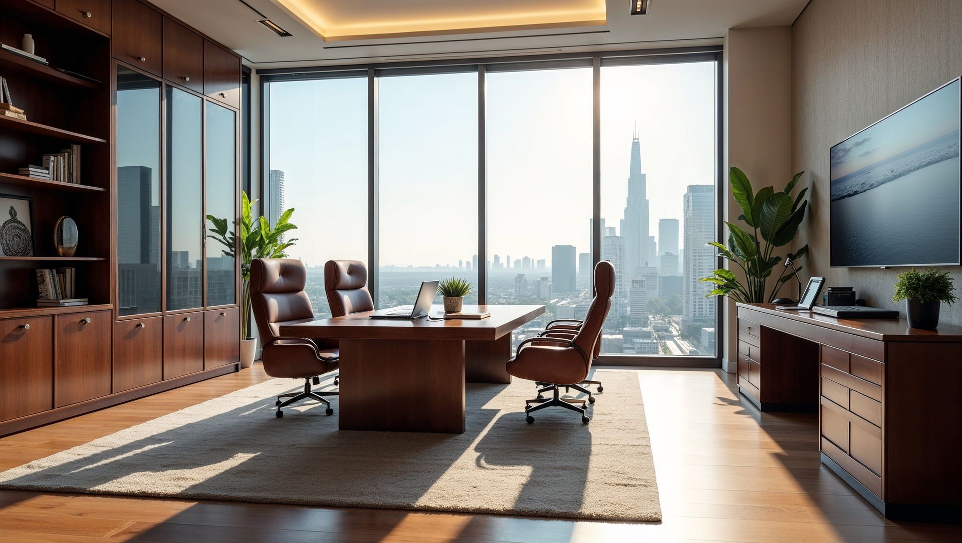 Luxurious office with city view, brown furniture, and large windows.
