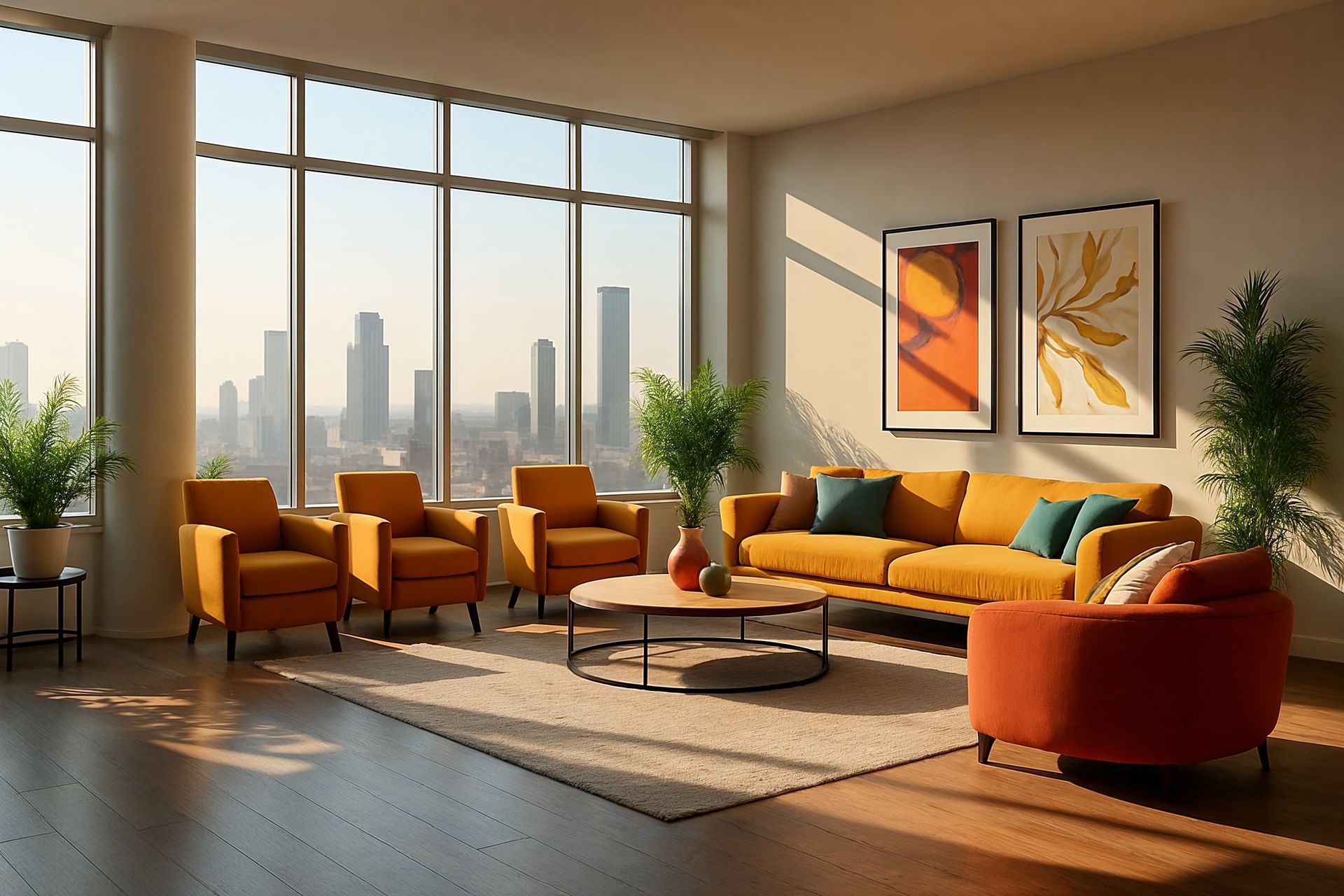 A modern living room with city views. Orange furniture, art, and plants fill the space.