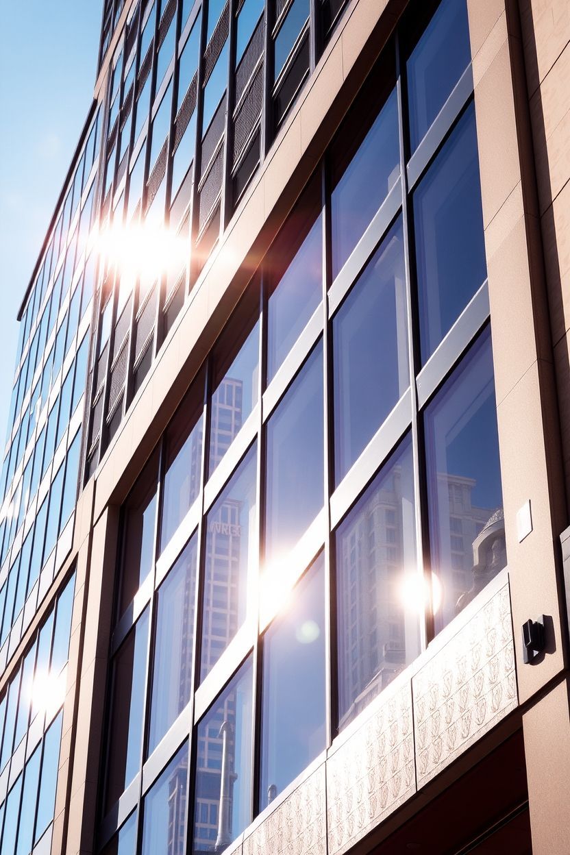 Modern building exterior with large glass windows, sun reflecting on the surface, blue sky.