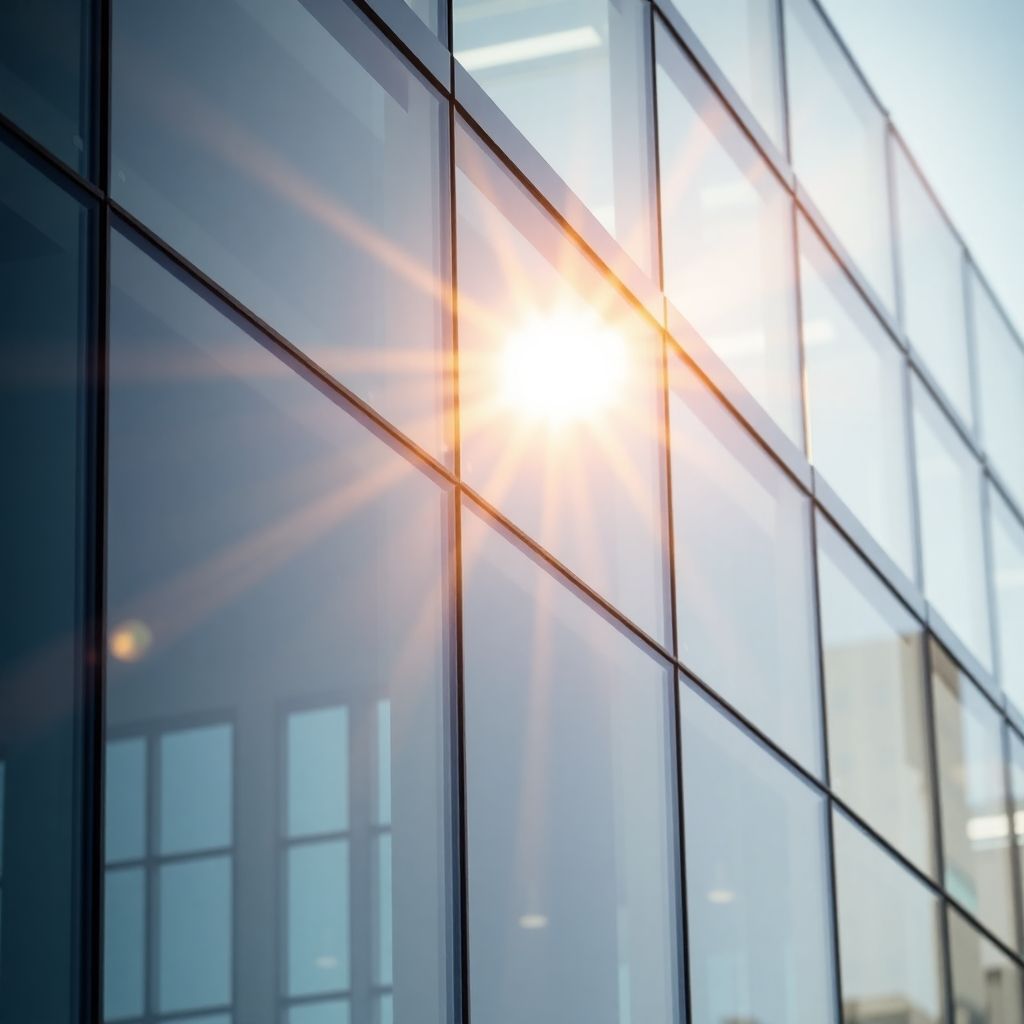 Glass facade of a modern building reflecting the sun.