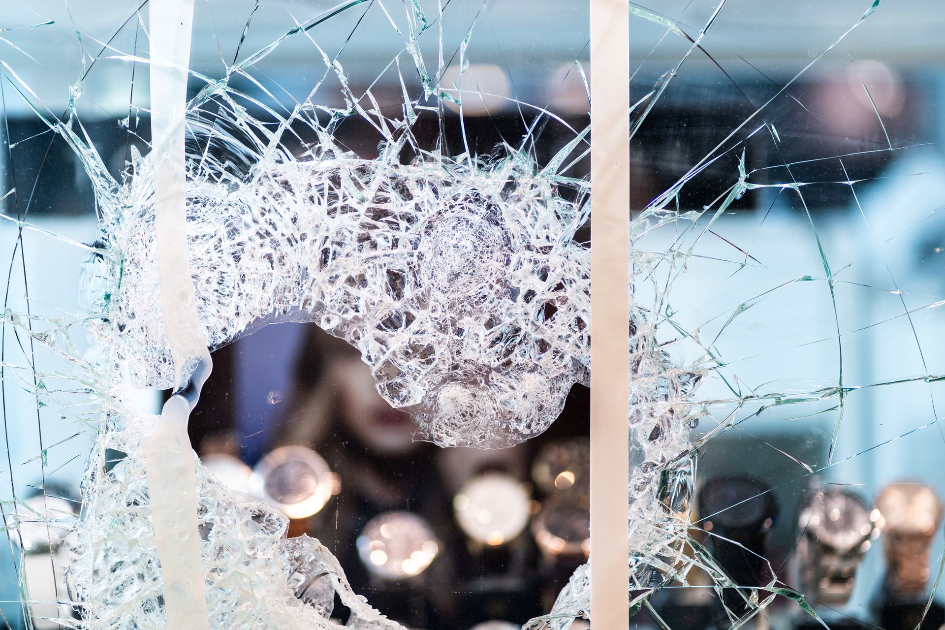 Shattered glass window with a hole, revealing a display of watches inside a store.