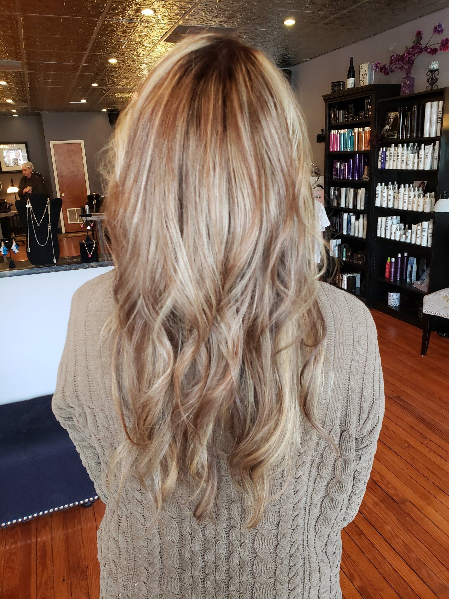 Blonde hair styled