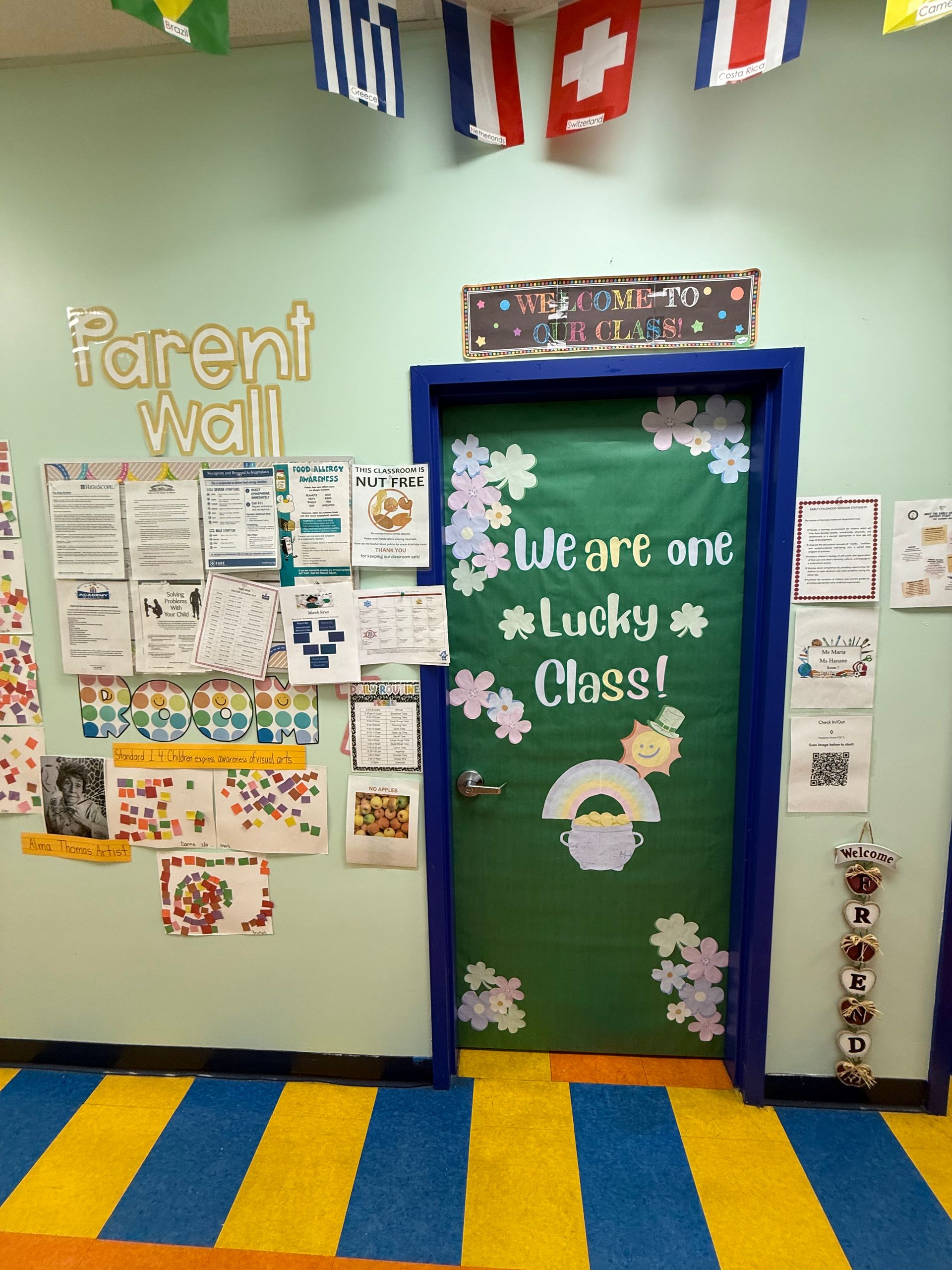 A classroom door decorated for St. Patrick's Day with 