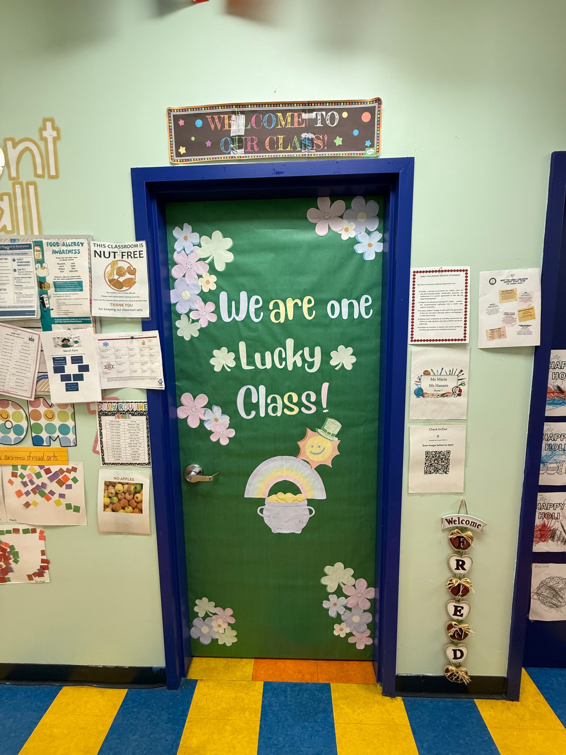 A classroom door decorated for St. Patrick's Day with 