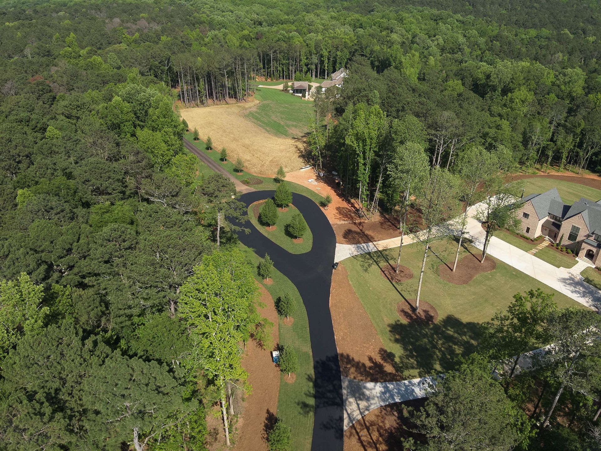 Aerial view of a paved road winding through a wooded residential area.