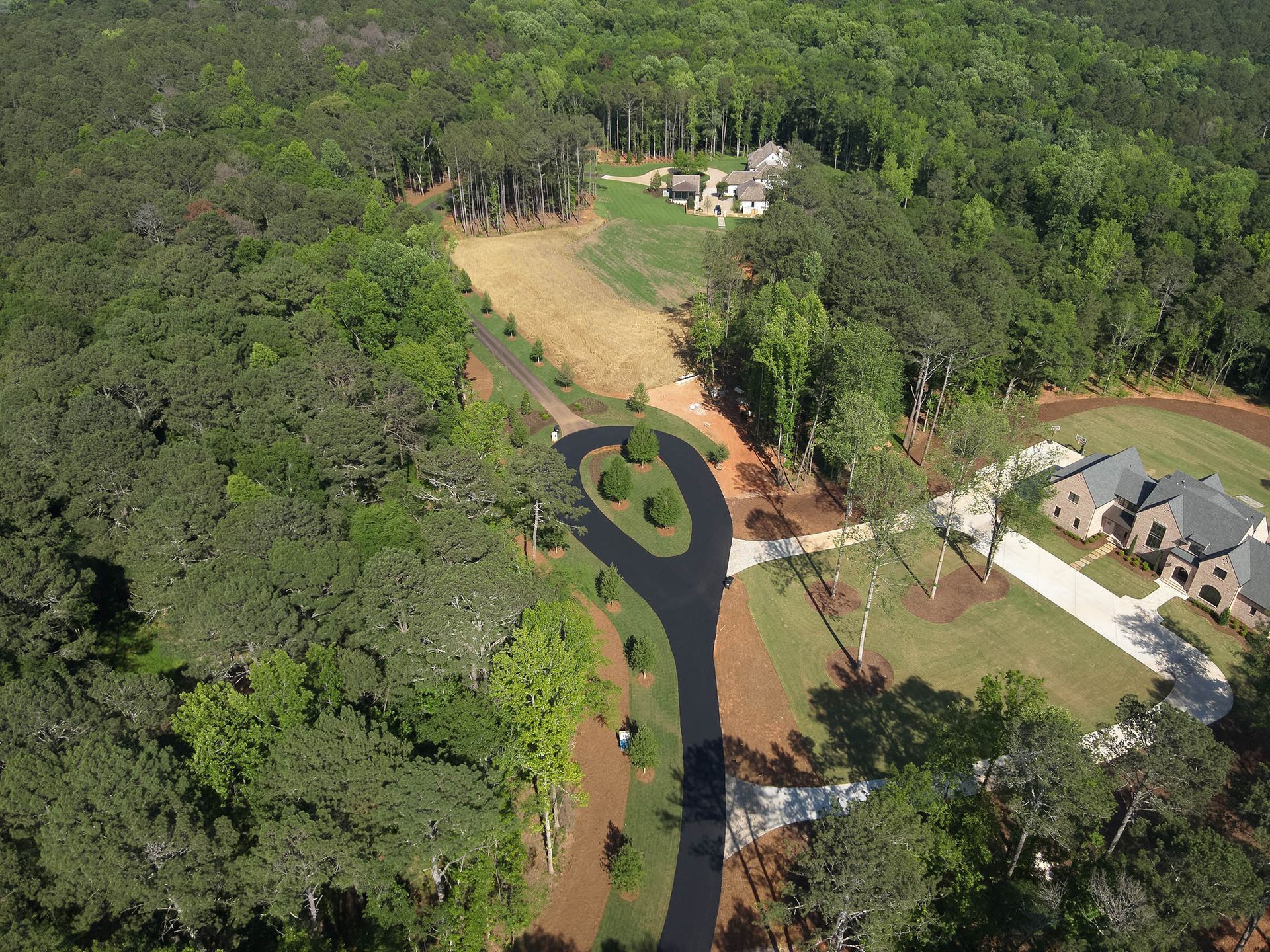Aerial view of a paved road leading to houses nestled in a lush, green wooded area.
