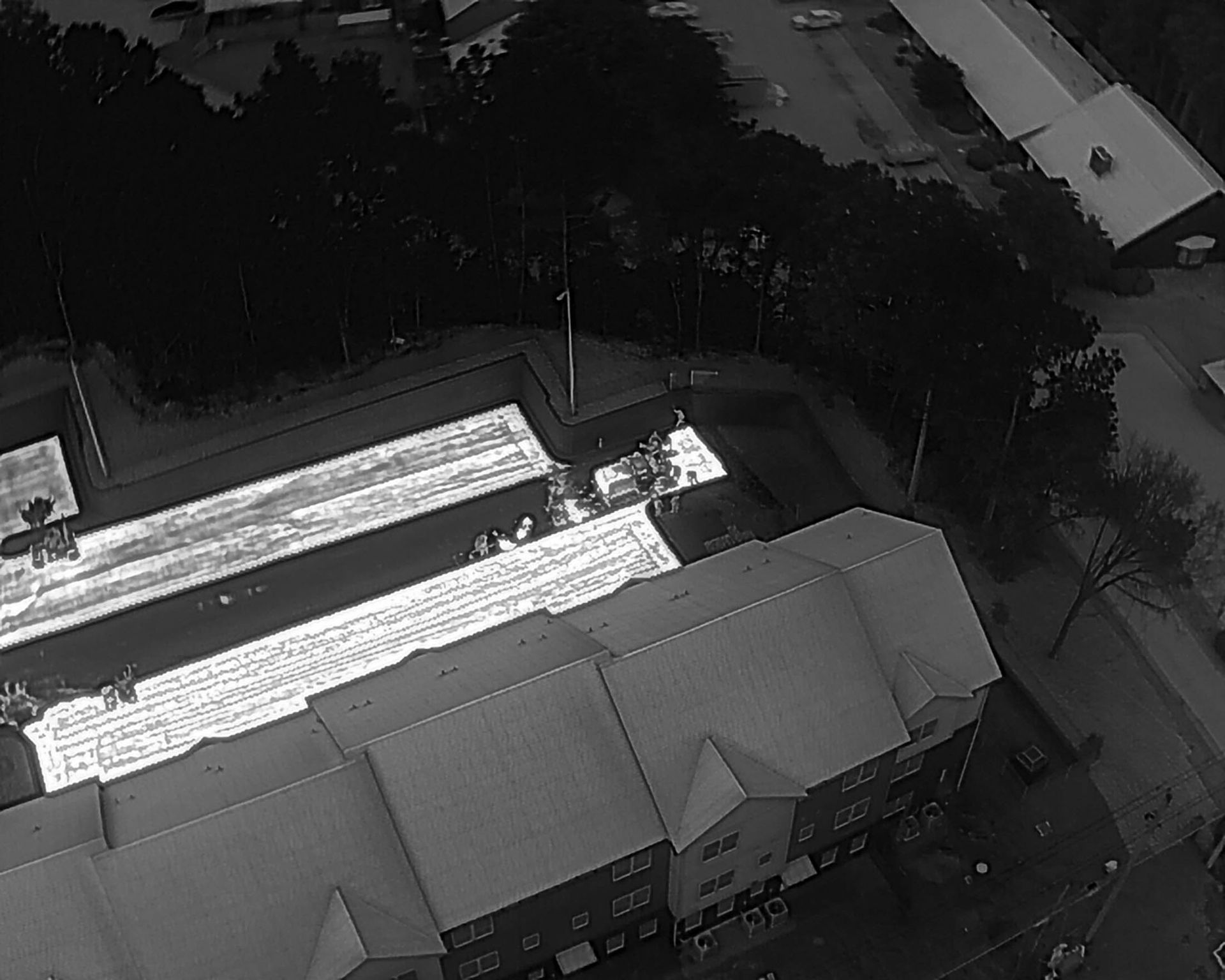 Aerial view of buildings and trees, gray and white tones.