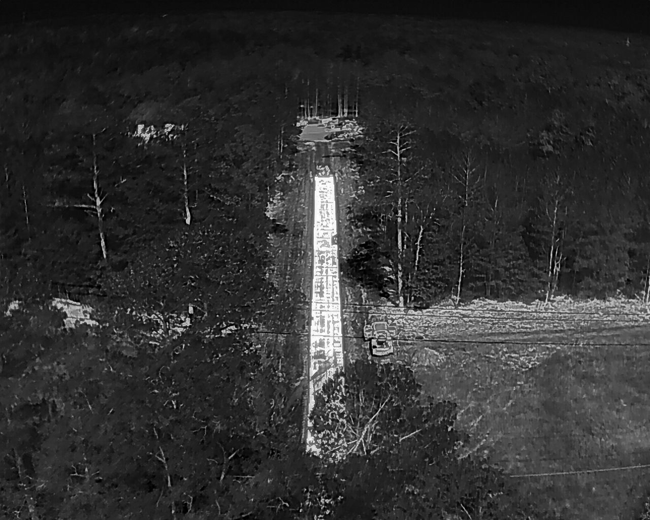 Overhead view of a long, bright white structure cutting through dense forest.