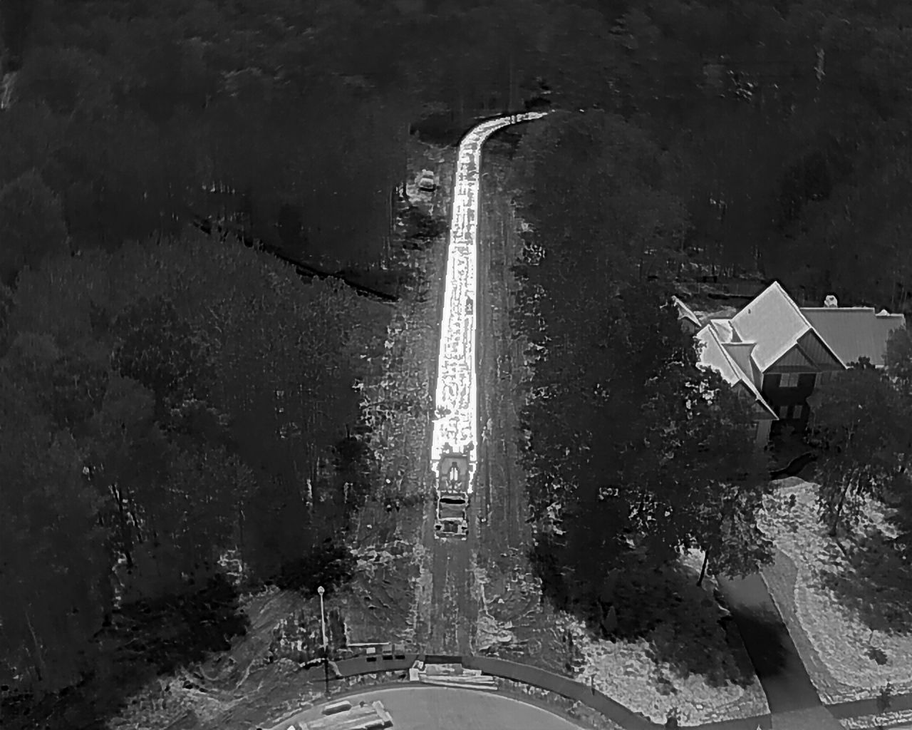Black and white aerial view of a road winding through trees and toward a house.