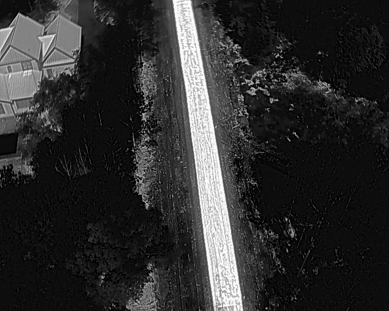 Aerial view of a bright road flanked by dark vegetation, with a house visible on the left side.