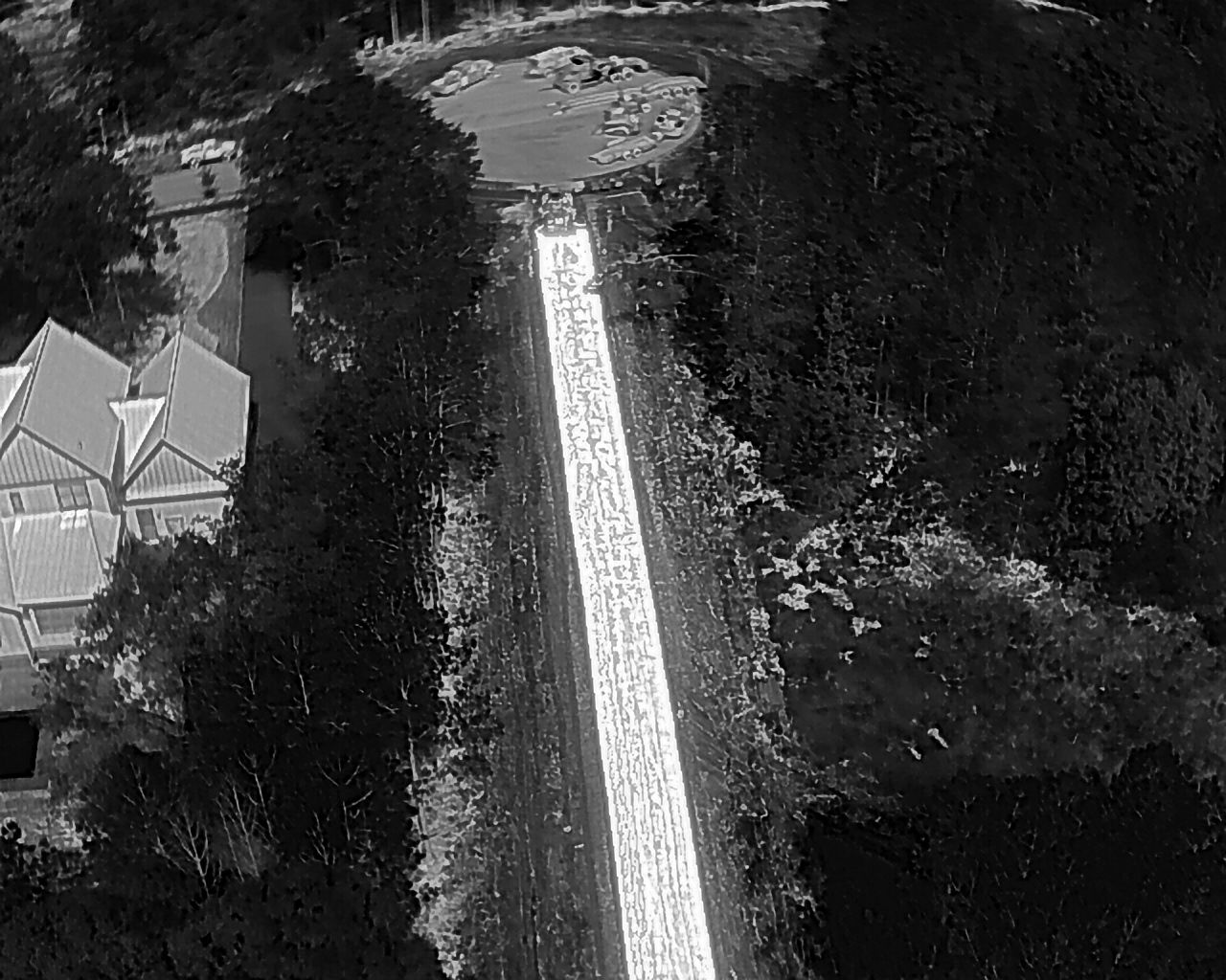 Aerial view of a long, bright path through trees, leading to a pond. A building is visible on the left.