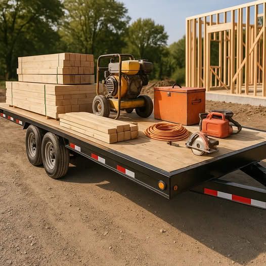 A trailer loaded with lumber, tools, and a generator at a construction site.