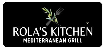 Logo for Rola's Kitchen Mediterranean Grill with a fork, olive branch, and white text on a black background.