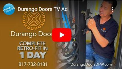 A man is installing a wrought iron gate on a Durango doors TV ad.