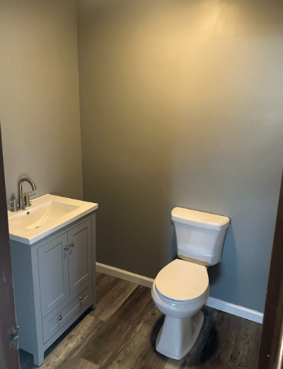 A small bathroom featuring a grey vanity with a white sink, a white toilet, and wood-look flooring against grey walls.