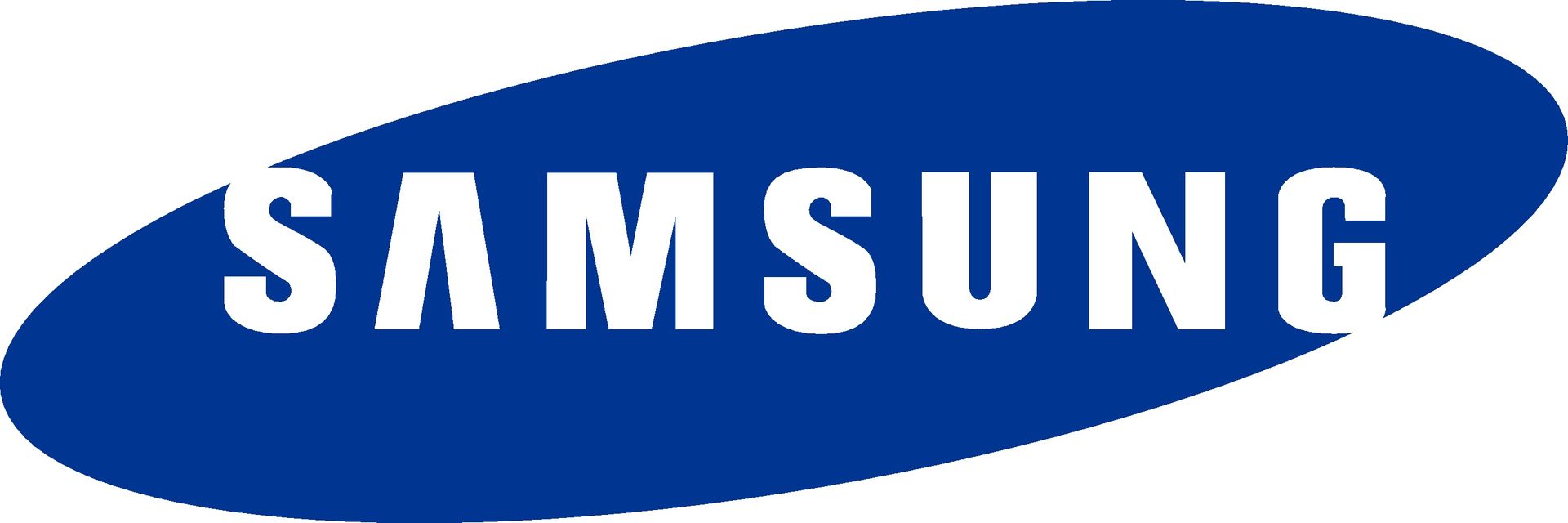 Samsung logo in white text on a blue oval background.