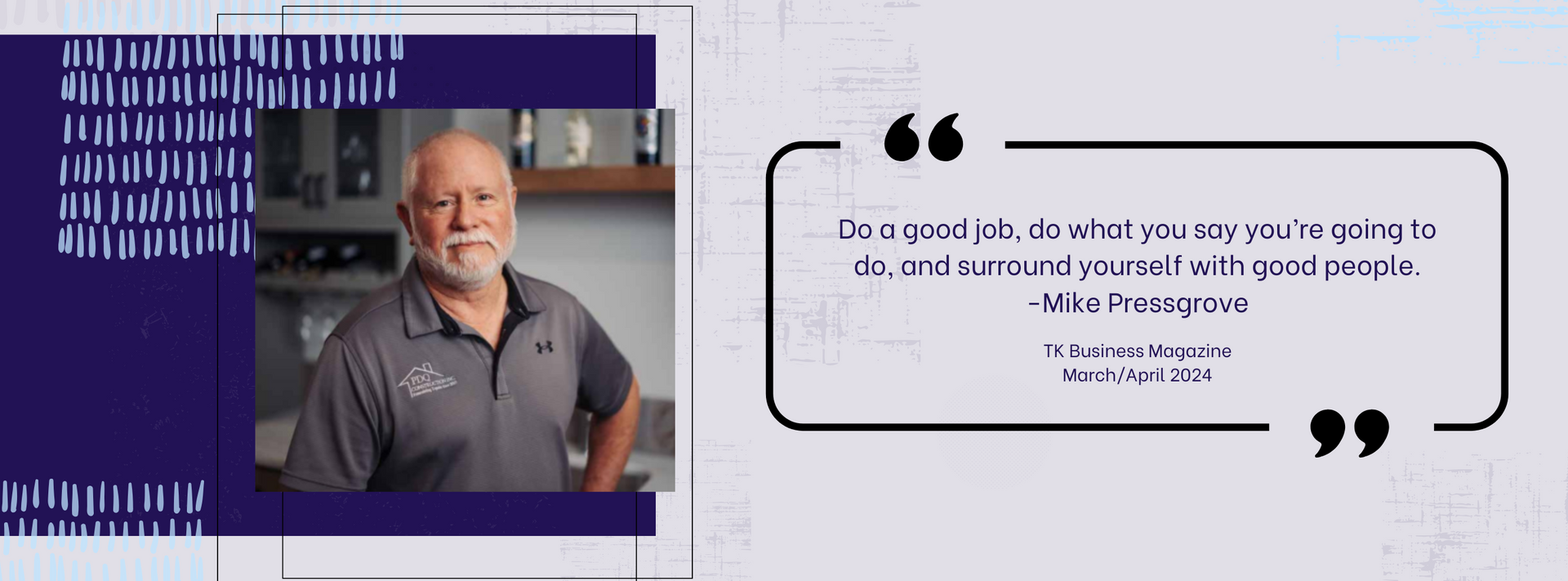 A man with a beard is standing in a kitchen next to a quote.