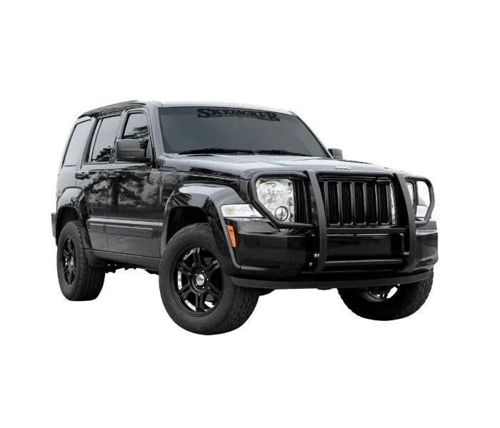 Black Jeep Liberty SUV with black brush guard and wheels.