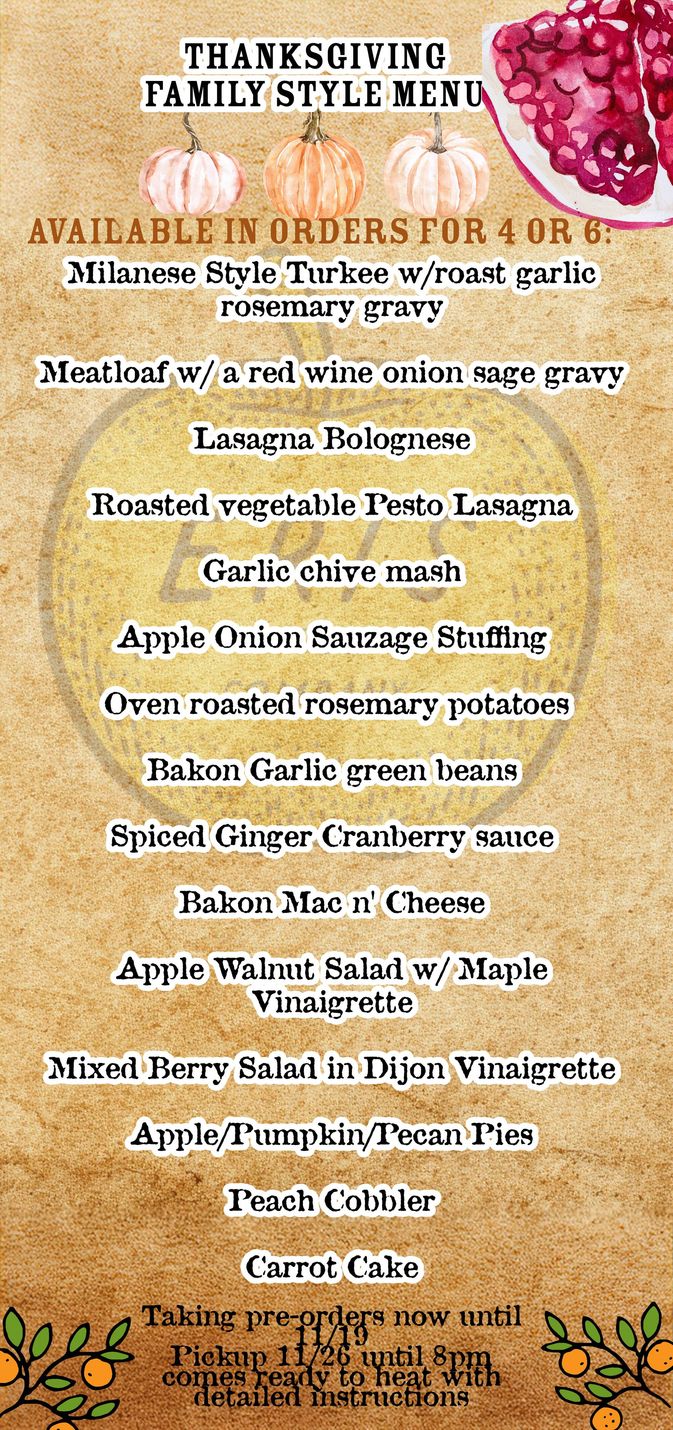Thanksgiving family style menu with various dishes listed