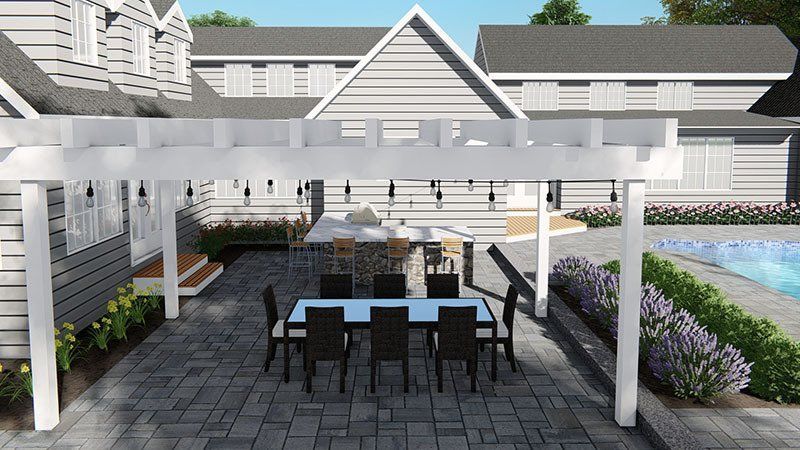 cpatio with a table and chairs under a pergola next to a pool.