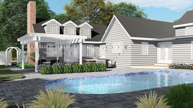 A 3D design of a house with a large pool in the backyard.